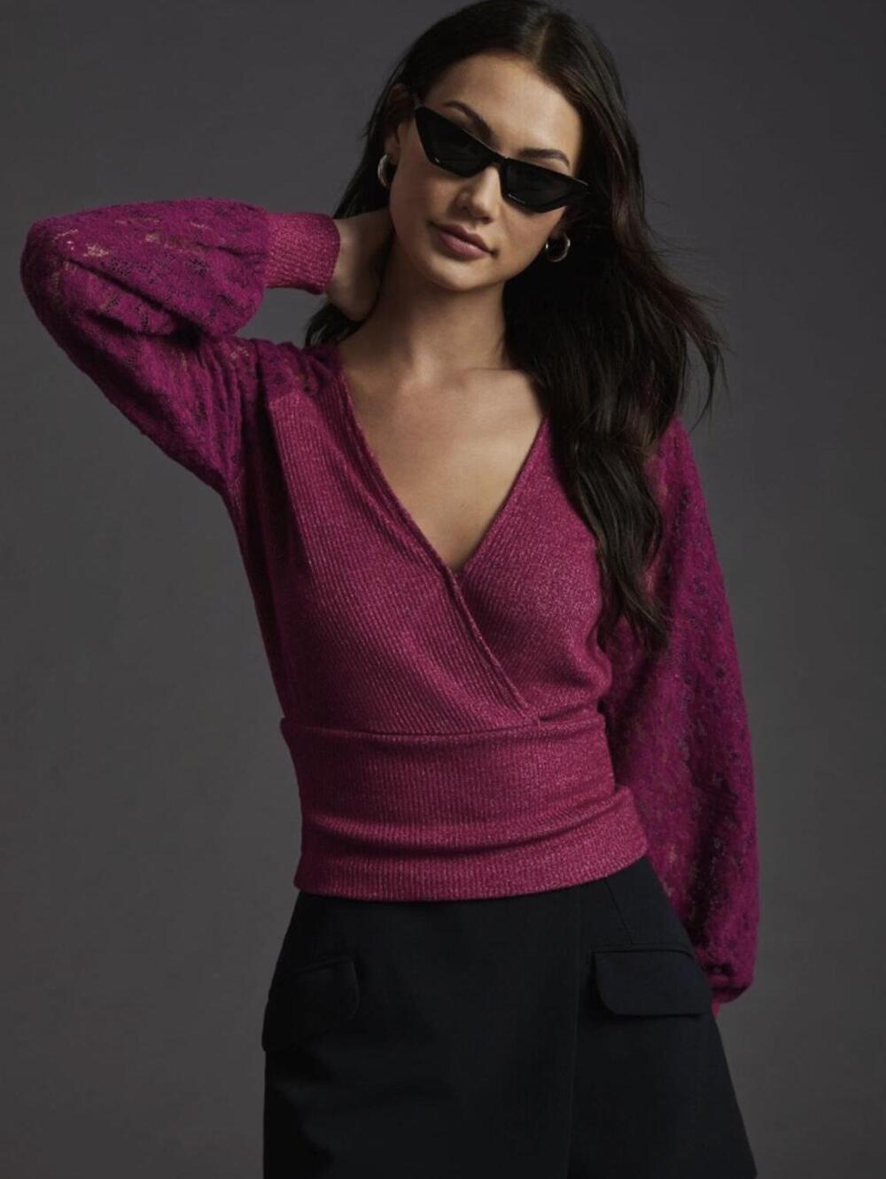 Anthropologie Fuchsia Pink Wrap Front Lace-Sleeve Sweater Top - Size - XS